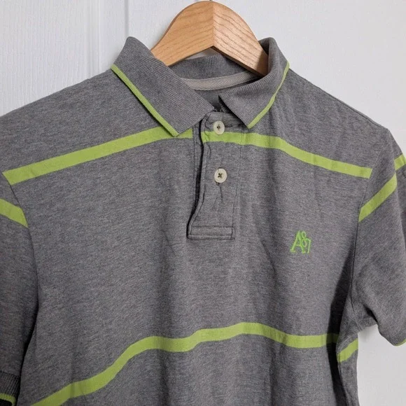 Aeropostale Mens S Polo Shirt Gray Lime Green Striped Short Sleeve A87 Cotton - Picture 3 of 7